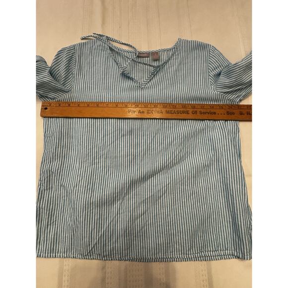 Chico's Pullover Tunic Top Sz 1 M Teal White Stripe Linen Blend Beach Resort - Picture 5 of 10